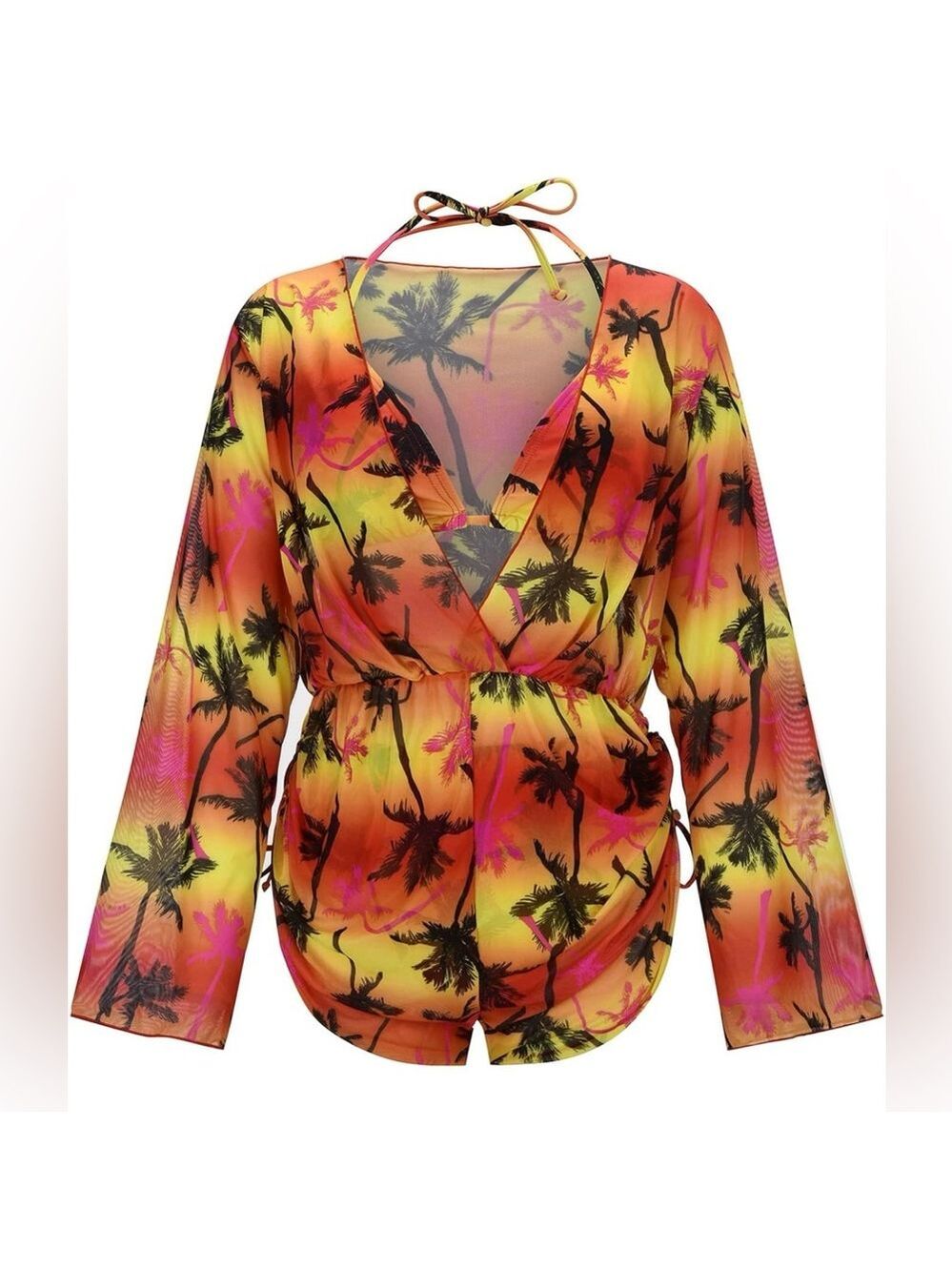 3pc Plus Size Tropical Print Halter Triangle Bikini Set with Cover Up - Picture 8 of 14